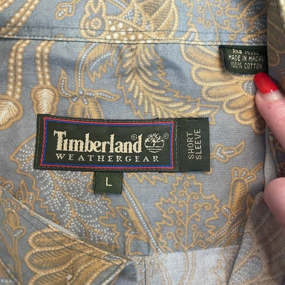 Timberland Weathergear Blue Tan Birds Filagree S/S Buttondown Casual Shirt Sz L - Picture 4 of 4